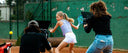 Tennis player in action with camera crew on a tennis court during Roggio shooting